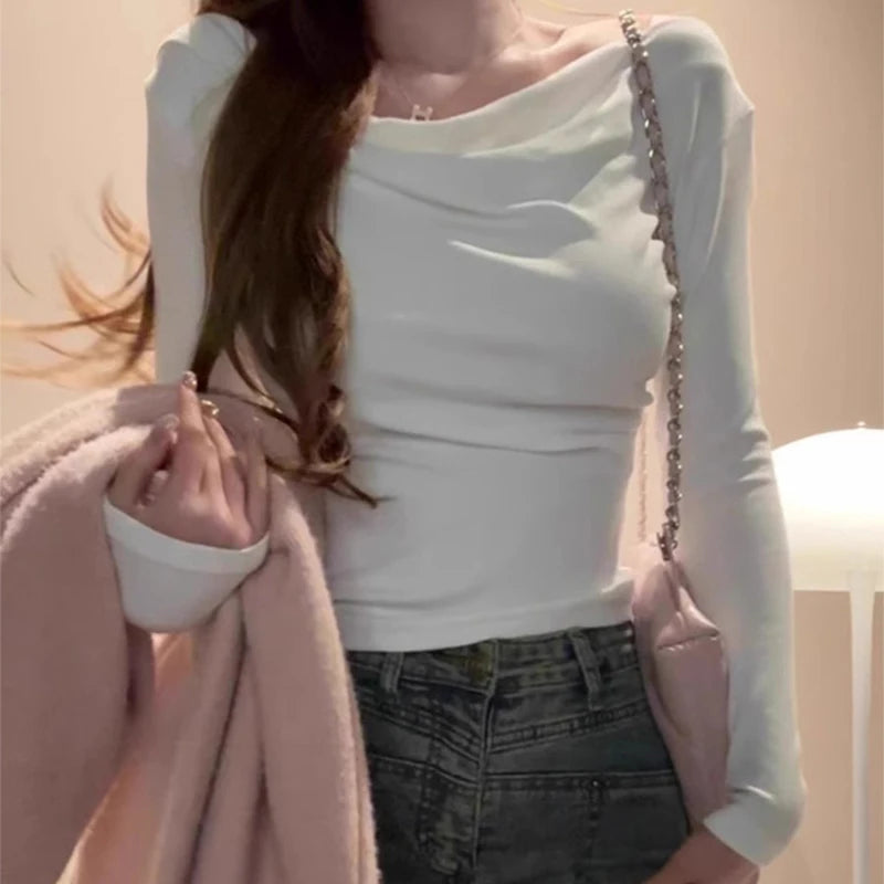 Spicy Girl One-Shoulder Long Sleeve T-Shirt for Women – Slim Fit Knitted Cotton Inner & Outer Wear Top | INS Youth Commute Style