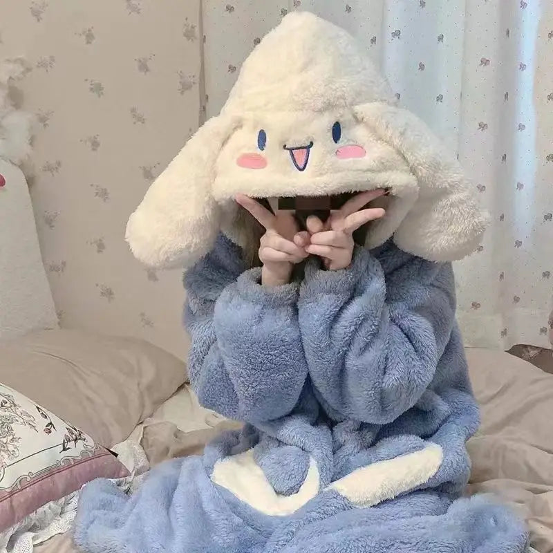 Kawaii Sanrio Hello Kitty Velvet Pajamas Set | Cute Cartoon Nightgown & Bathrobe | Girls & Couples Soft Home Wear