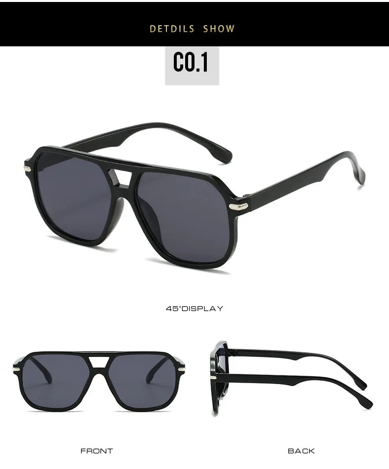 Retro Big Frame Square Sunglasses – Women & Men Double Beam One-Piece Designer Pilot Sun Glasses | Black Circular Cool Shades