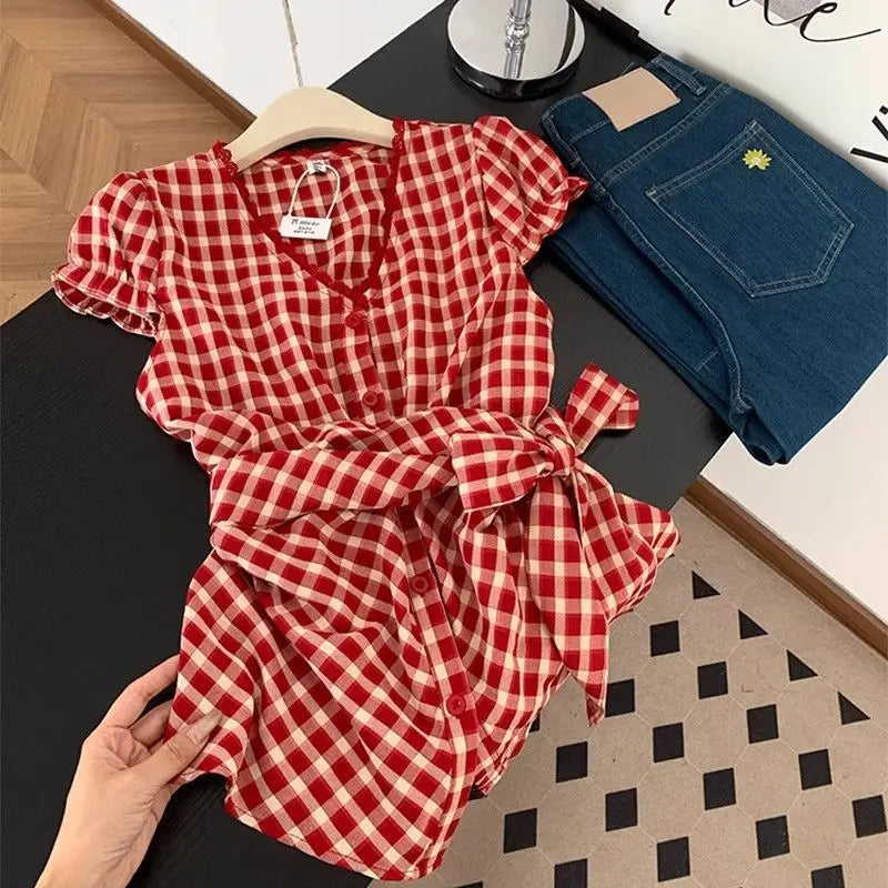 French Sweet Plaid Shirt 🌸 Women Summer Bow Tie Waist Cropped Top ✨