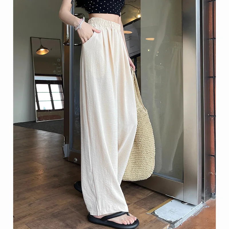 Summer Women Colorful Ice Silk Pants | High Waisted Wide Leg Trousers | Baggy Straight Leg Casual Pants