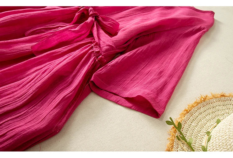 Women’s Summer Lightweight Cotton Dress – Long Sleeve Loose Waist A-Line Retro Dress with Belted Splice