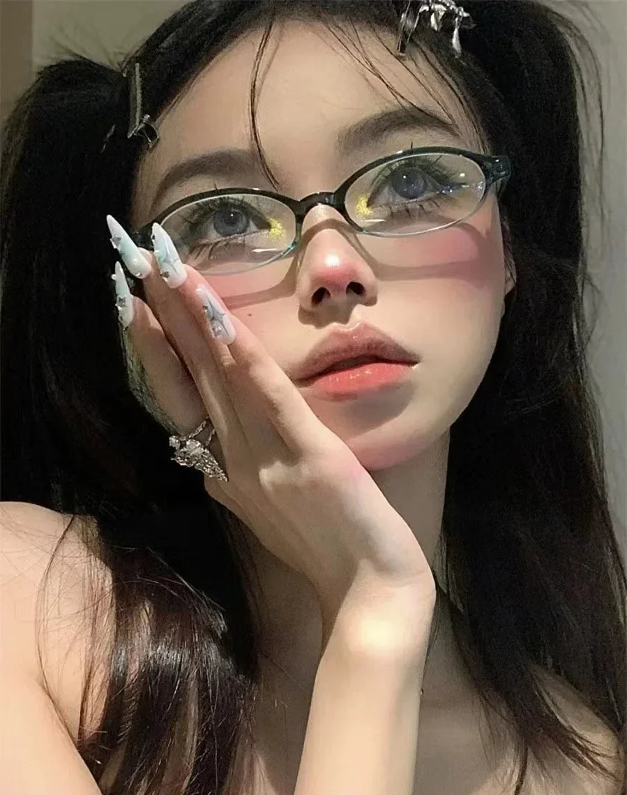 Retro Oval Glasses for Women & Girls – Y2K Red Green Frame Decorative Eyewear | Anti-Blue Light Computer Glasses for Seaside & Driving