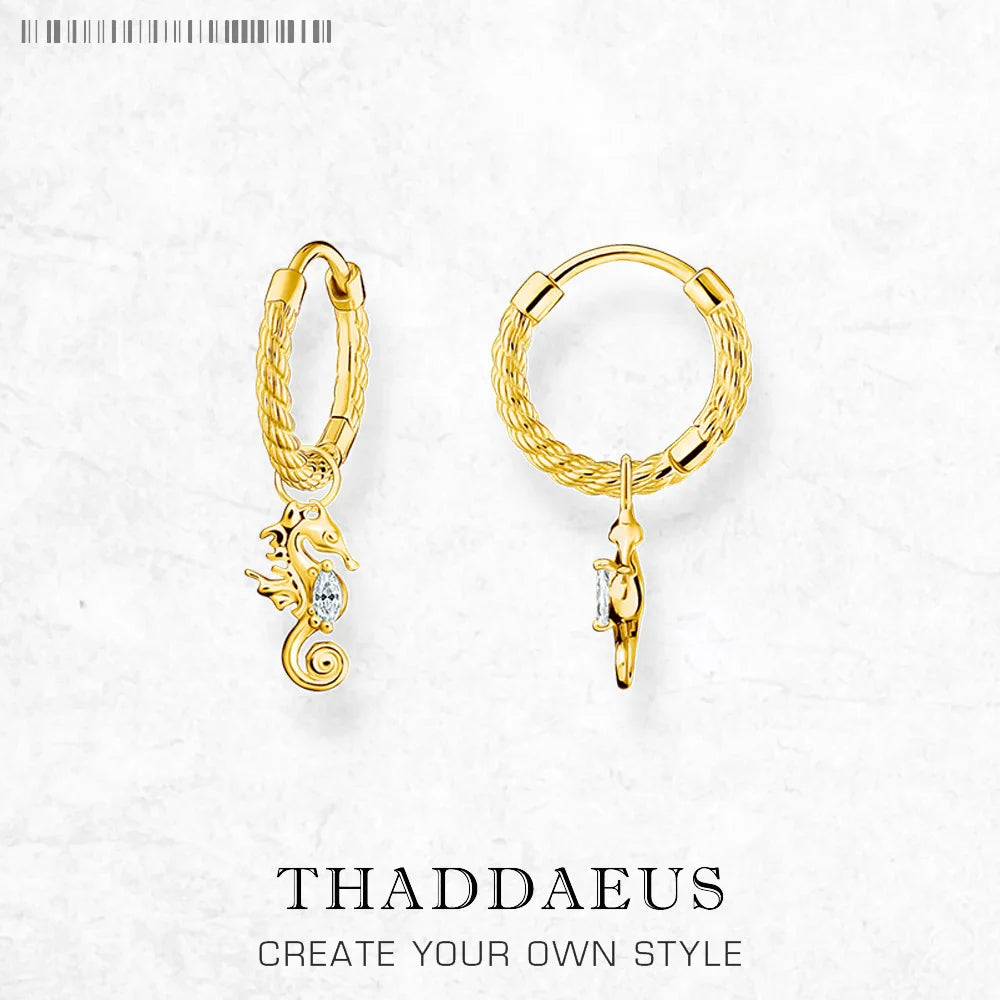 Creole Seahorse Hoop Earrings – 925 Sterling Silver Gold Hinged Hoops Europe Style Women’s Fine Jewelry Gift