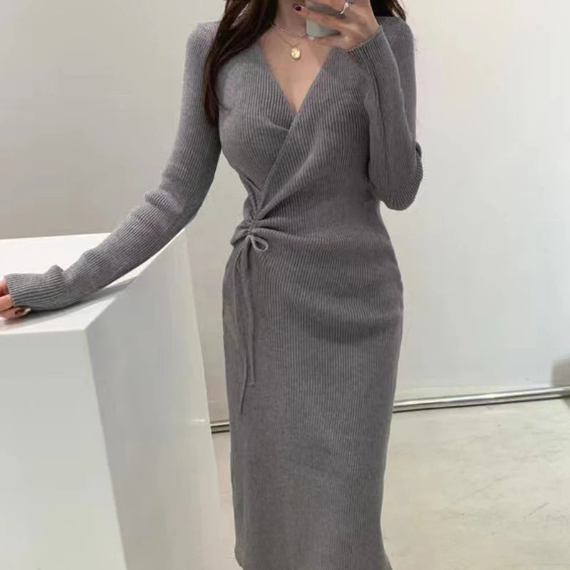 Chic V-Neck Pleated Drawstring Slimming Mid-Length Wrap Dress – Women’s Knitted Sweater Dress | Korean Style High Waist A-Line