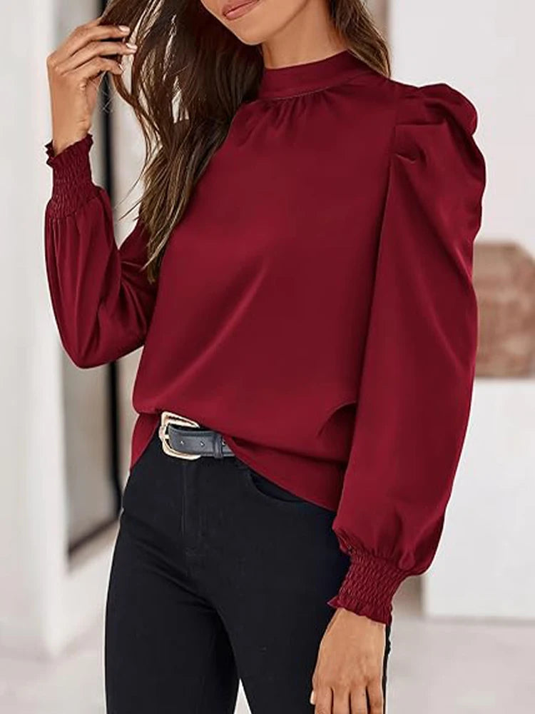 Women’s Satin Puff Sleeve Shirt – Retro Elegant Long Sleeve Turtleneck Top 👚✨