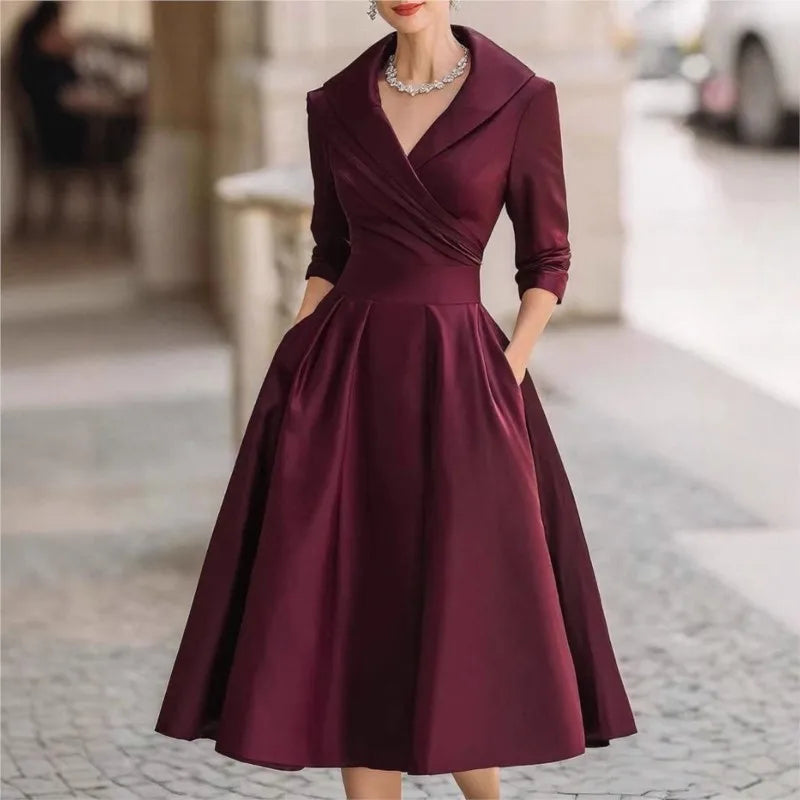Elegant Solid Color V-Neck Waist Cinching Dress – Autumn Winter Women’s Long Sleeve Sexy Dress with Pockets | Ropa Mujer