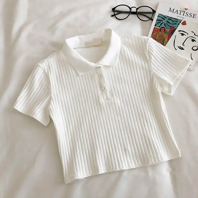 Women’s Knit Polo Neck Cropped Shirt – Summer Short Sleeve Solid Color Youthful Top 👚☀️