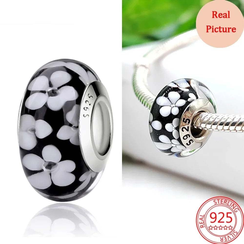 925 Sterling Silver Murano Glass Galaxy & Clover Heart Beads | Fit Pandora Bracelet DIY Jewelry Gift for Mum