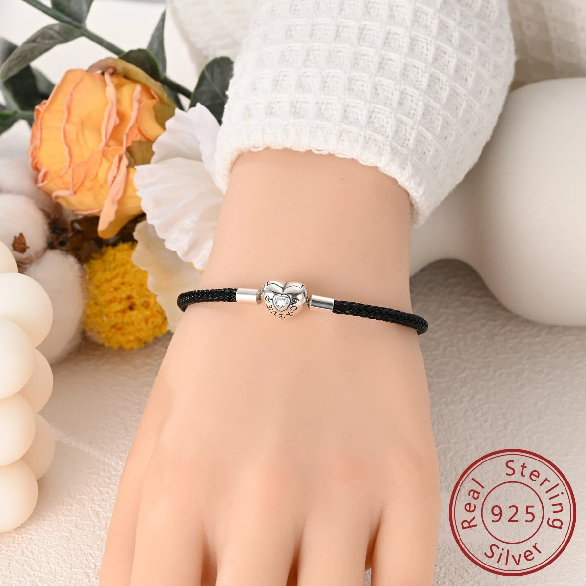 925 Sterling Silver Heart Shell Leather Rope Bracelet | Plait Design Fit Pandora Beads – Women’s Fashion Jewelry Gift