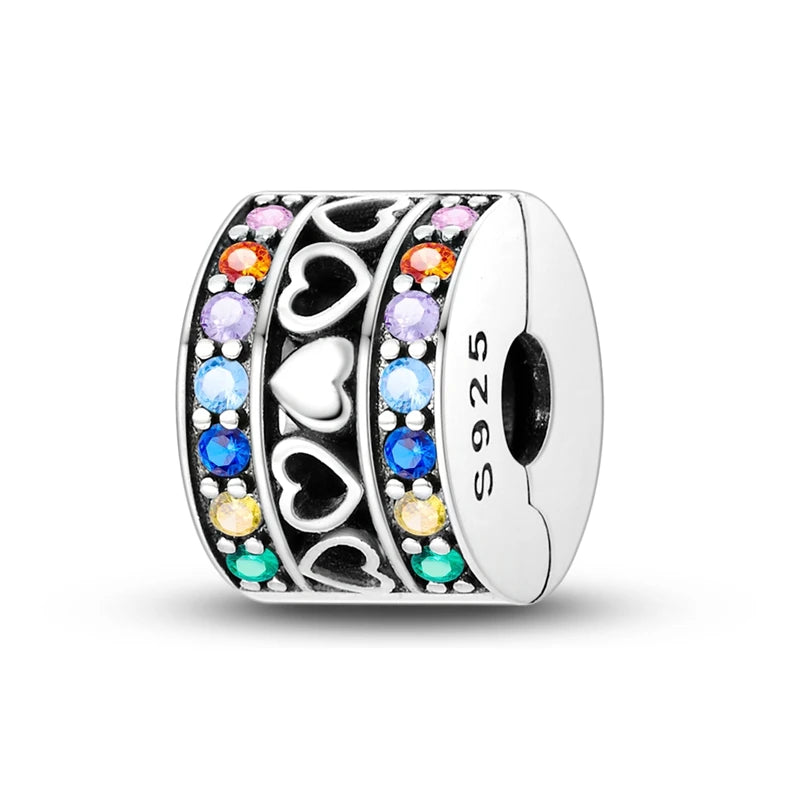 925 Sterling Silver Safety Chain & Clip Charms – CZ Pave Round Beads Fit Pandora Bracelet DIY Jewelry Making