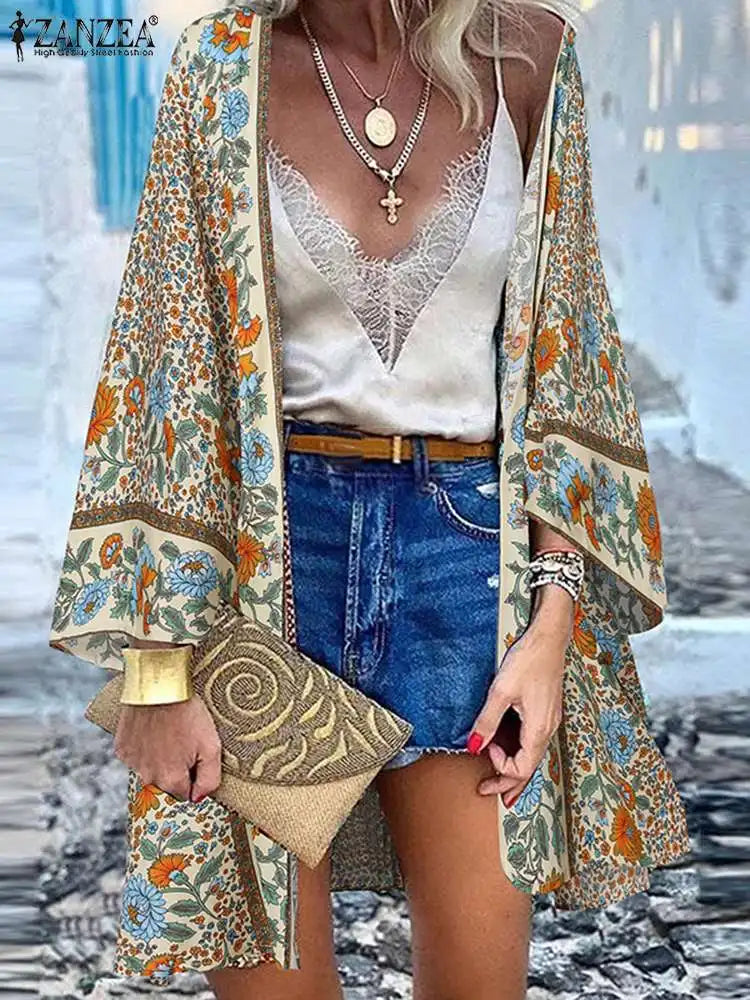 ZANZEA Summer Beach Cardigan Women – Vintage Bohemian Floral Long Sleeve Kimono Cover-Up 🌸🌊