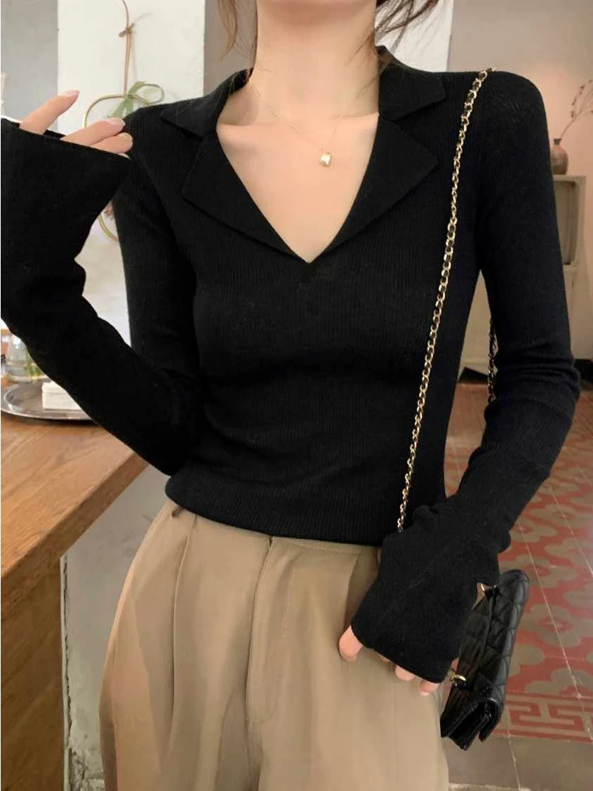French Style Knitted Long Sleeve V-Neck Collar Sweater – Women’s Winter Base Layer Top | Stretchy Fit for Young Women