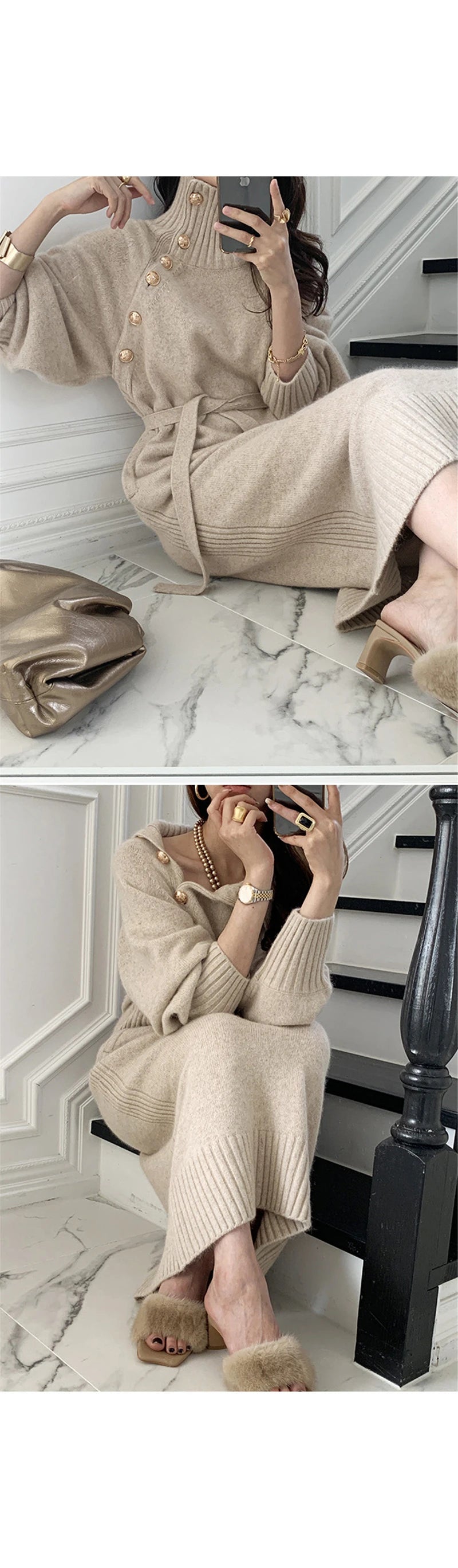 Autumn Winter Women's Knitted Midi Dress 🧶 Luxury Base Layer Ladylike Camere Inner Match Dress ❄️ Elegant Cozy Fashion