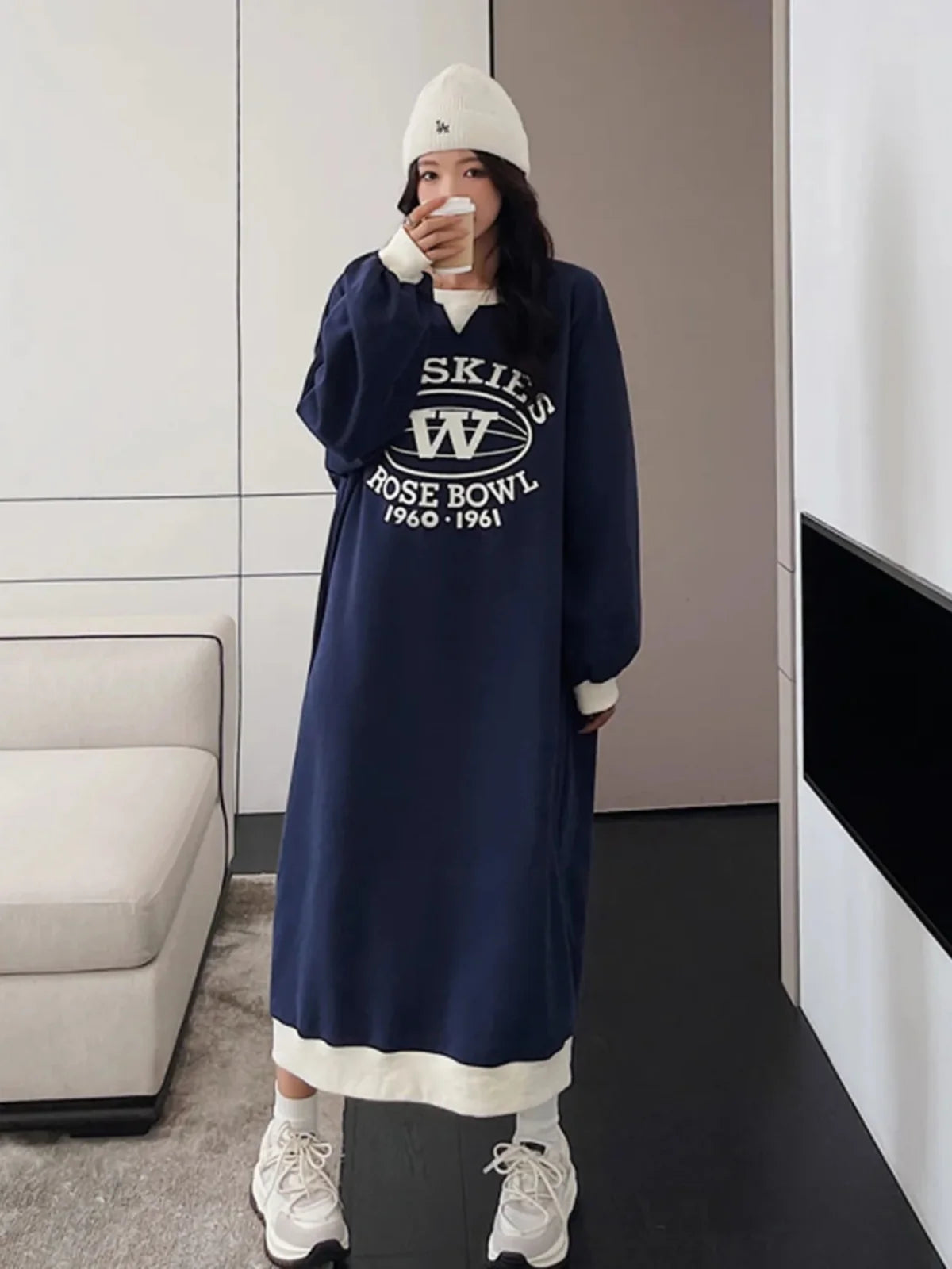 Plus Size Korean Style Loose Casual Sweatshirt Dress – A-Line Skirt, Long Sleeve Mid-Length | Weight Loss Friendly