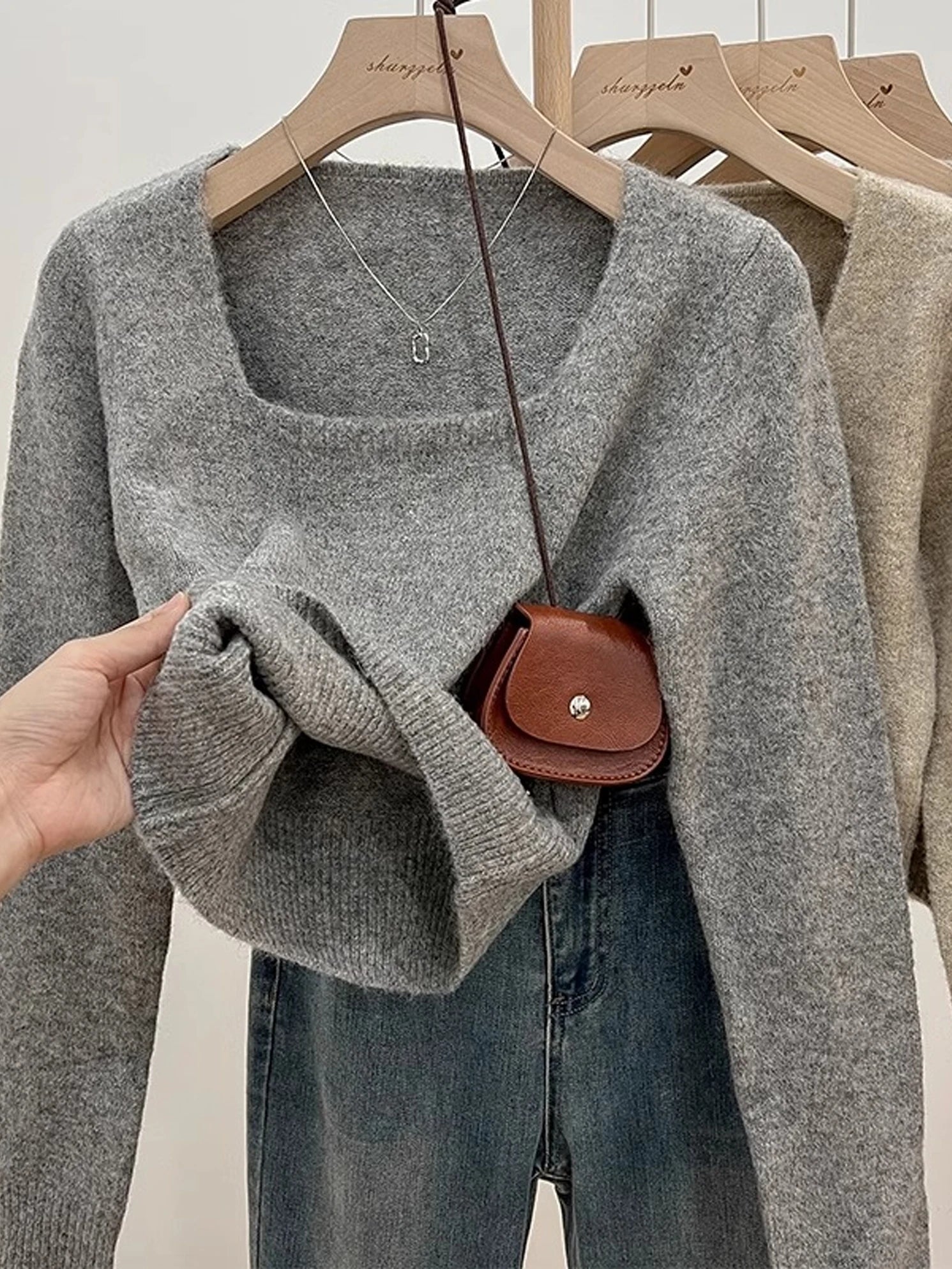 ✨ Soft Short Knitted Sweater Top for Women 🍁 Square Collar Slim Fit | Autumn Winter Inner Base Shirt 👚