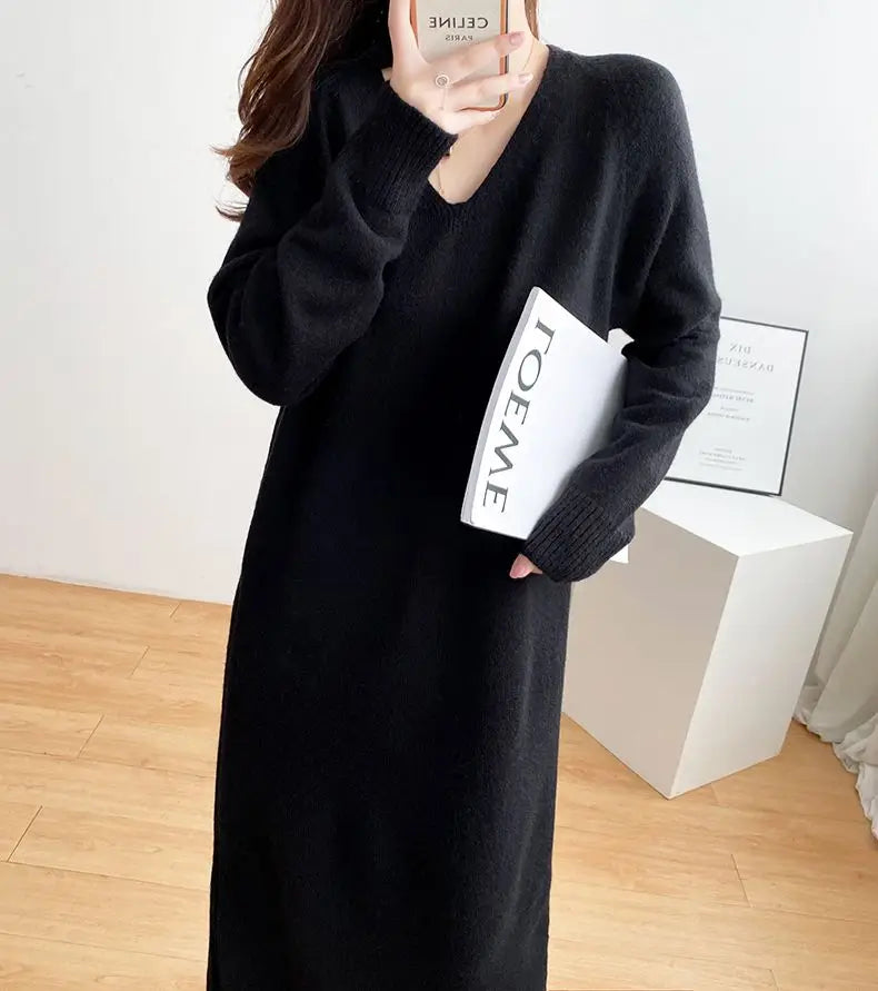 Ladies’ Knitted V-Neck Dress – Loose Fit Base Layer Skirt, Casual Straight Tube Korean Style Autumn Winter Dress