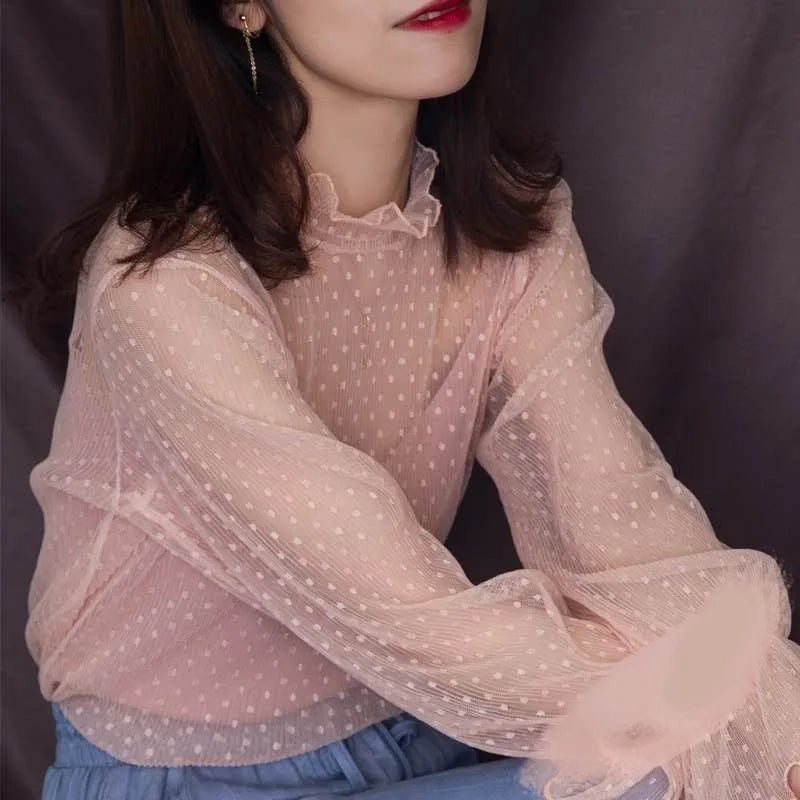 Women’s Lace Base Mesh Top – Autumn Winter Fairy Bell Sleeve Polka Dot Inner Shirt ✨❄️