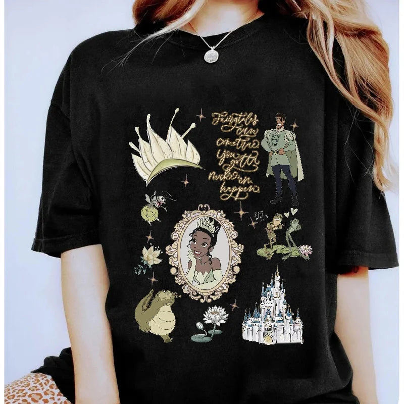 2025-26 Women’s Disney Moana & Rapunzel Printed T-Shirt – Retro Loose 100% Cotton Breathable Tee