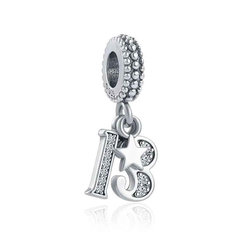 925 Silver Lucky Number Charms 16, 18, 21, 40 – Anniversary & Birthday DIY Bracelet Beads
