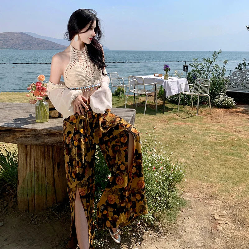 Vacation Style High Waist Wide Leg Pants – Thin Long Ethnic Print Pants for Beach & Holiday Wear
