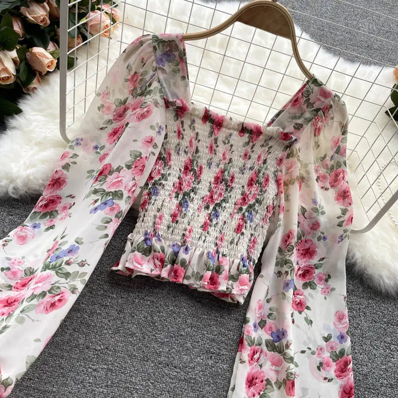 Pink Floral Chiffon Blouse for Women – Square Collar Lantern Sleeve Korean Summer Top 2024 🌸👚