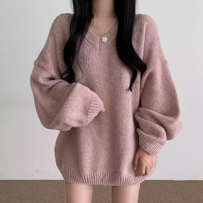 Soft Cozy Knitwear Women’s Loose Sleeve Sweater – Autumn Winter New Fashion V-Neck Long Sleeve Korean Commute Outerwear