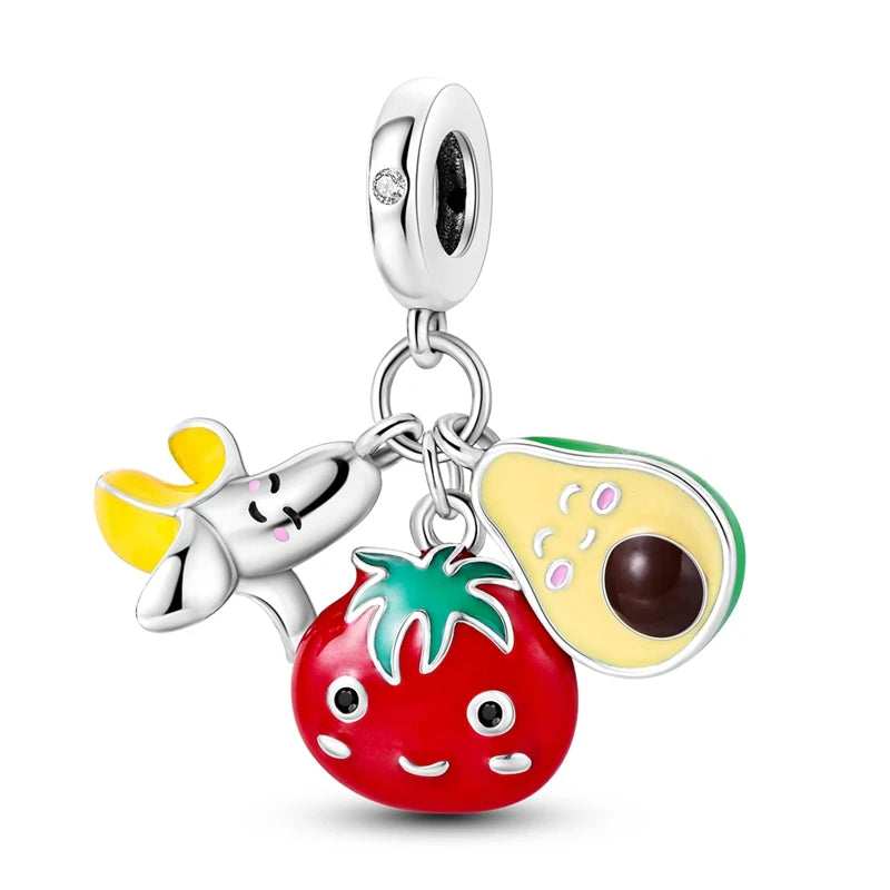 925 Sterling Silver Fruit Charms Beads | Cherry, Strawberry, Lemon, Peach & Avocado Pendants for Original Bracelet DIY Jewelry