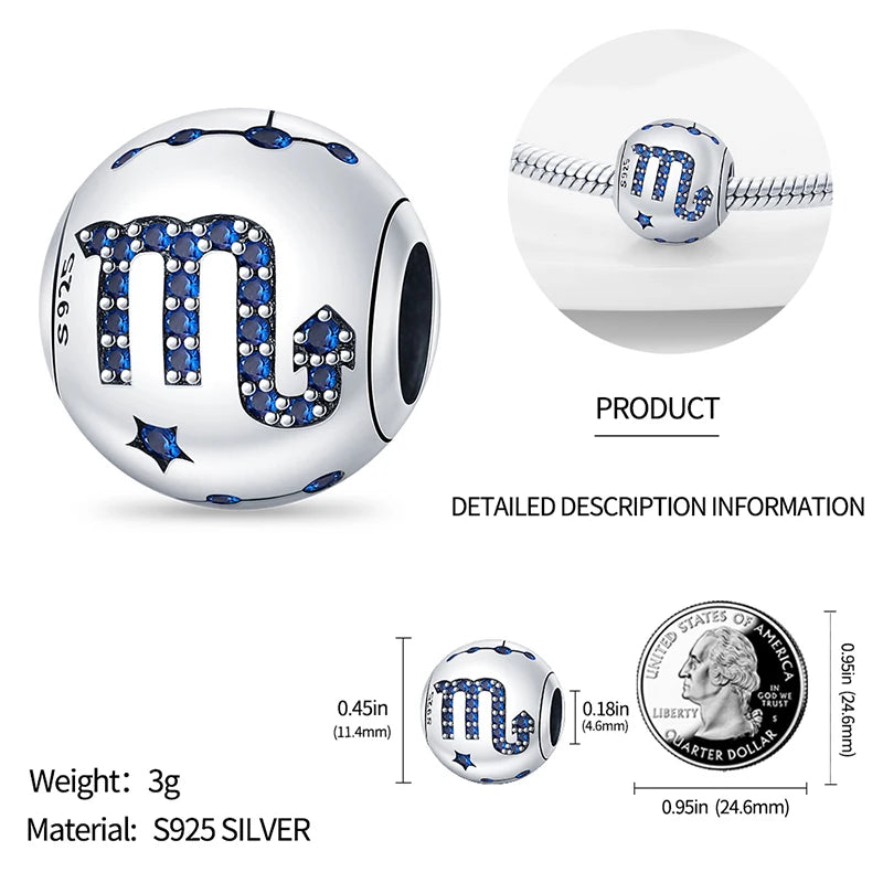 Charm Plata 925 Original 12 Constellation Beads | Water, Earth, Fire & Wind Round Beads