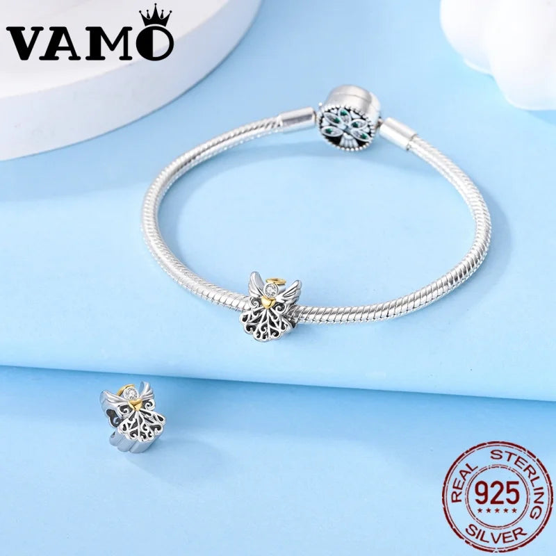 VAMO 925 Sterling Silver Holy Angels Charm Beads – Zircon Pendants for Bracelet Women Gift