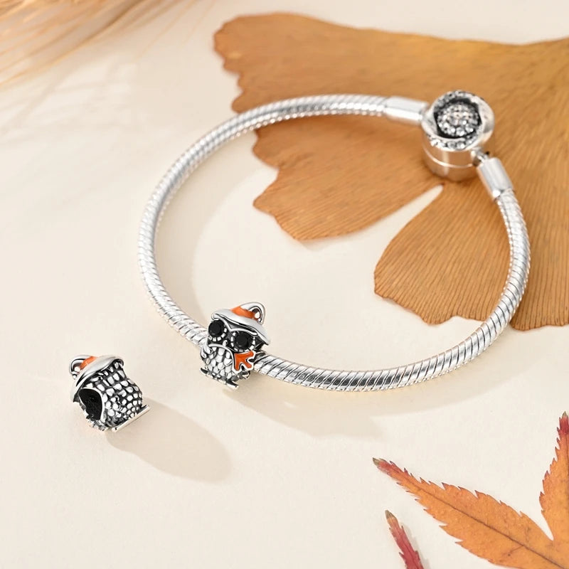 Halloween 925 Sterling Silver Charms | Pumpkin Skeleton Witch Bat Beads for Bracelet DIY Jewelry