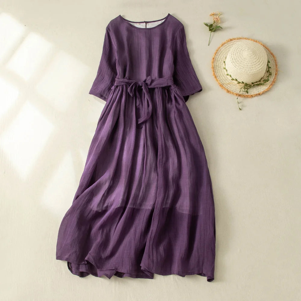 Women’s Summer Lightweight Cotton Dress – Long Sleeve Loose Waist A-Line Retro Dress with Belted Splice