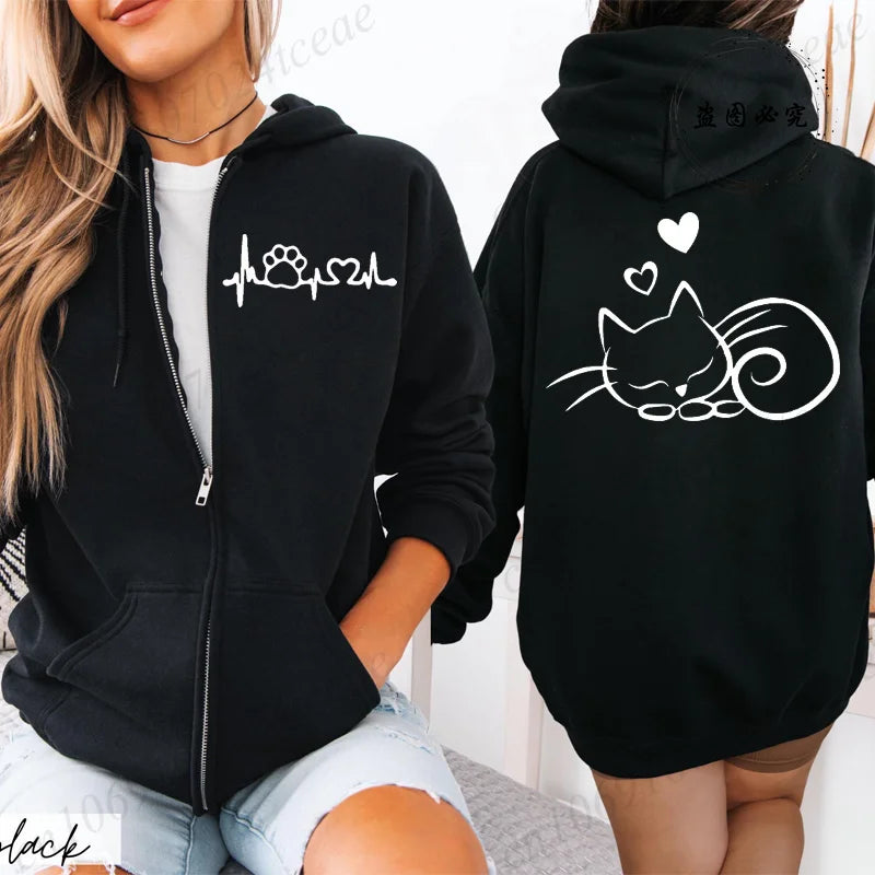 Women’s Cat Heartbeat Zipper Hoodie | Cute Zip-Up Sweatshirt | Autumn Winter Streetwear Jacket