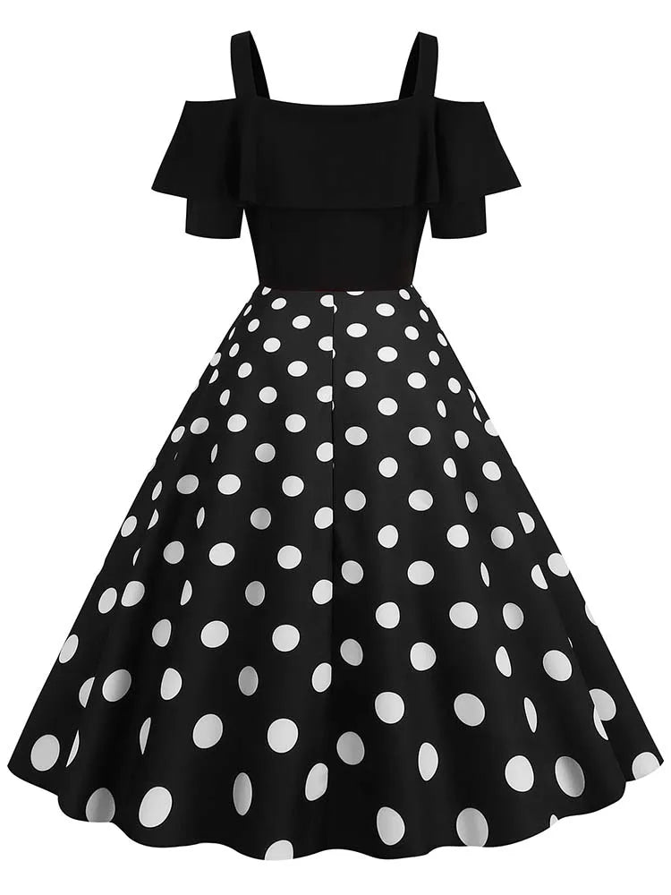 Off-Shoulder Elegant Vintage Party Dress – Women’s Summer Polka Dot Ruffles A-Line Midi Dress