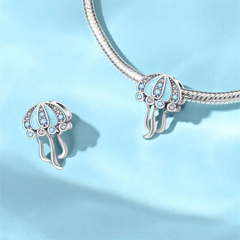 925 Sterling Silver Blue Zircon Ocean Shell Beaded Pendant | Fit Original 3mm Bracelet Women’s Fine Jewelry