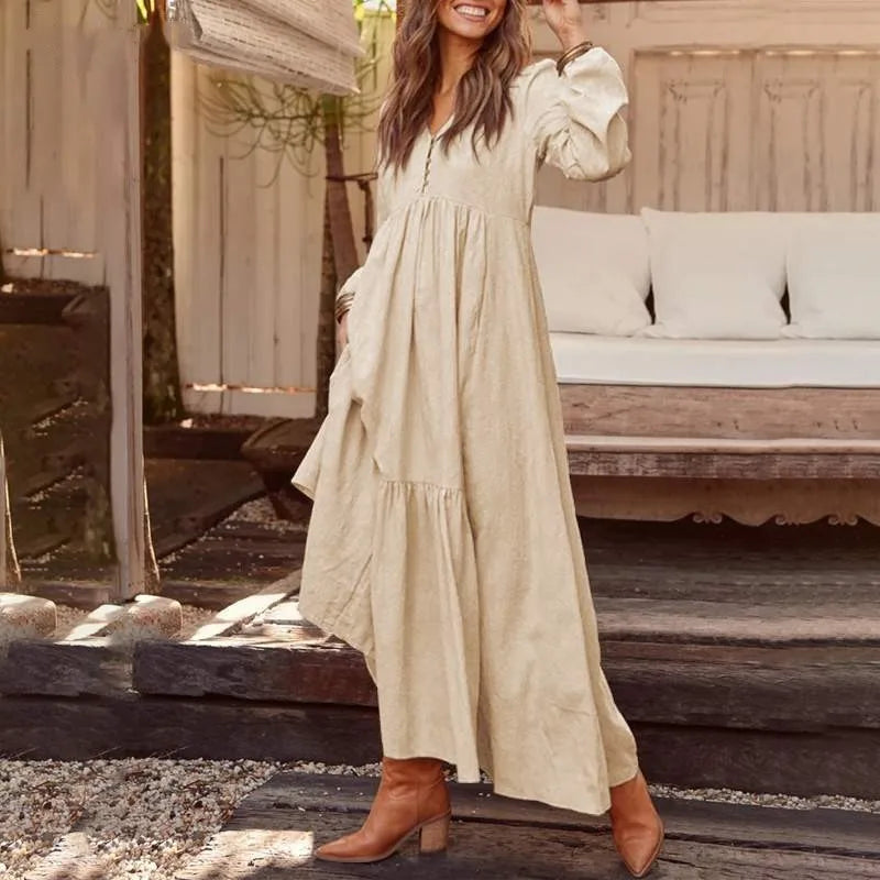 New Autumn Winter Women’s Long Dress – Retro V-Neck Button Long Sleeve Cotton Dress | Wide Swing Casual Fashion