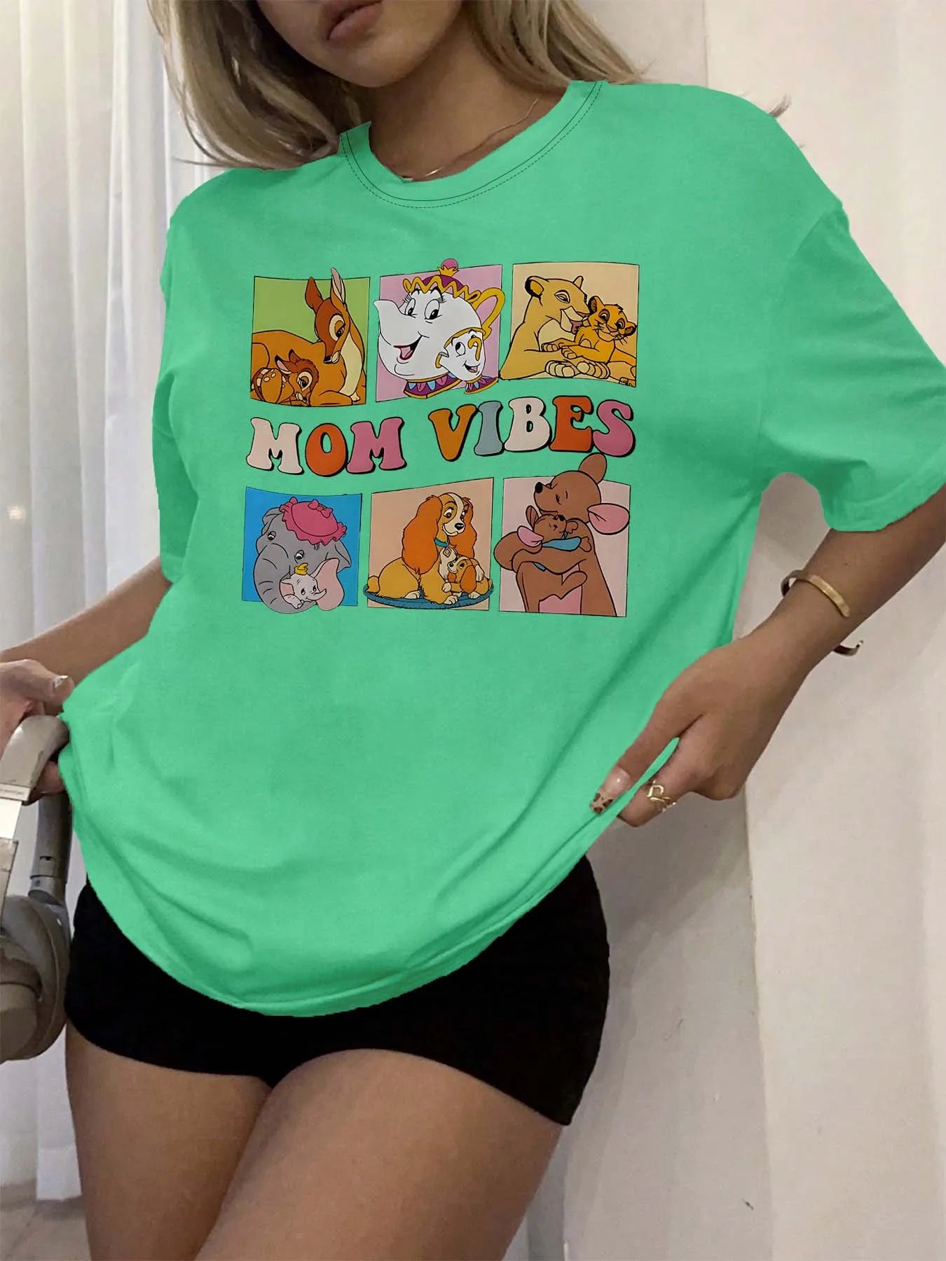 Plus Size Mom Vibes T-Shirt 🌸 Cartoon Graphic Casual Tee Women ✨