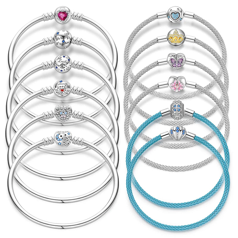 925 Sterling Silver Heart Moon Sun Clasp Charm Bracelet | 17–20CM Original Bracelet for Women | Fits Pandora DIY Beads Jewelry