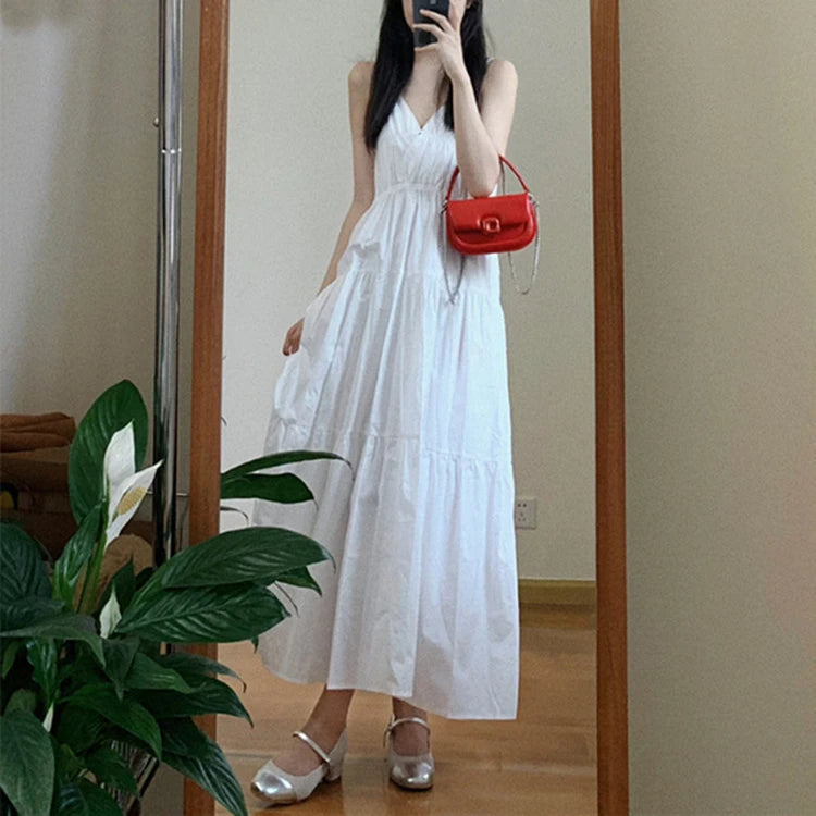 Women’s White V-Neck Backless Strap Dress – Summer Fairy Beach Vacation Long Skirt, Elegant Loose Waist Gown