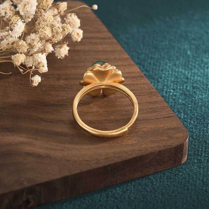 PANJBJ 925 Sterling Silver Hotan Jade Geometric Adjustable Ring | Retro Delicate Jewelry Gift for Women