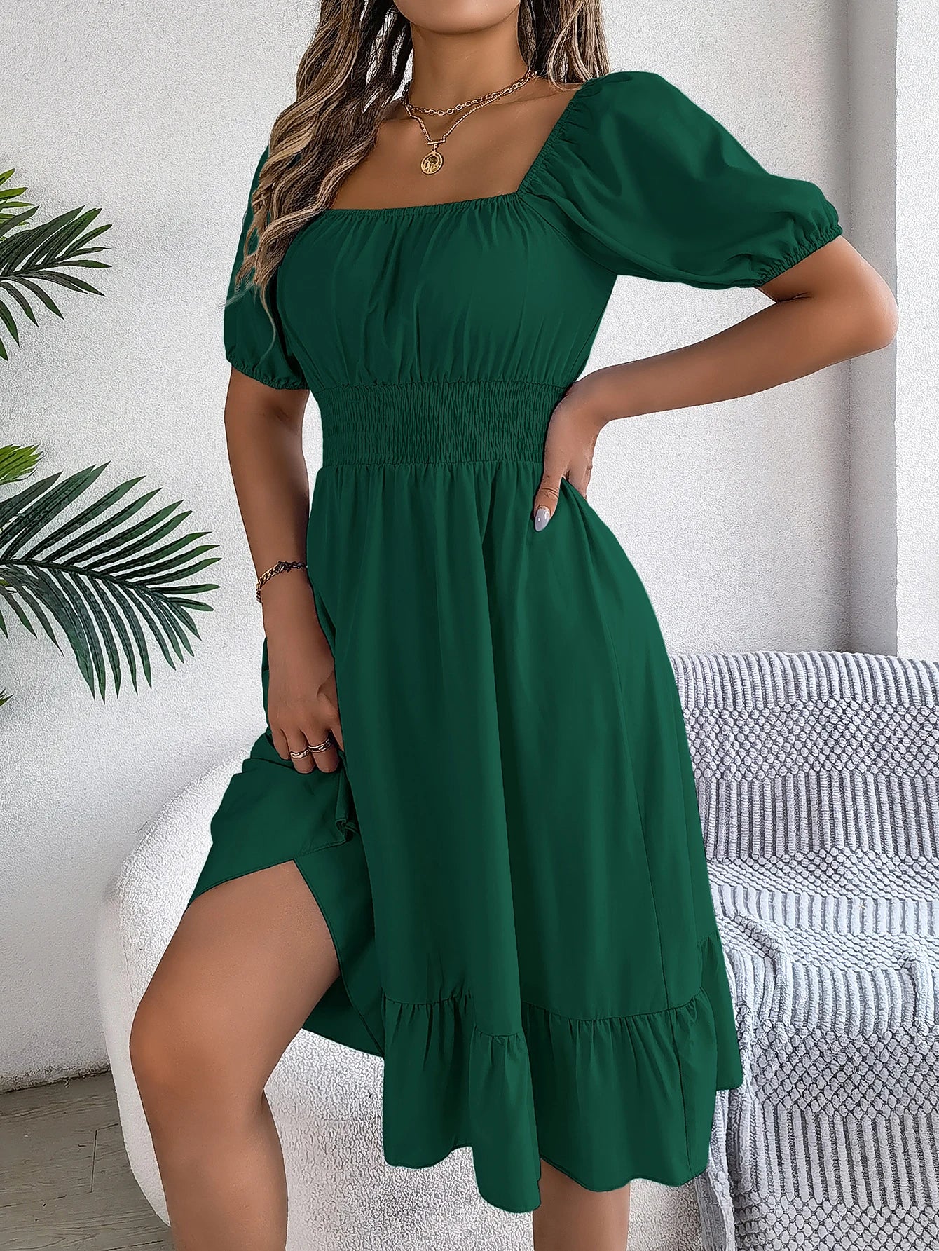 2026 Women’s Elegant High-Waisted Dress – Square Neck, Short Sleeve, Ruffled Edge Long Dress | Spring Summer Valentine’s Day