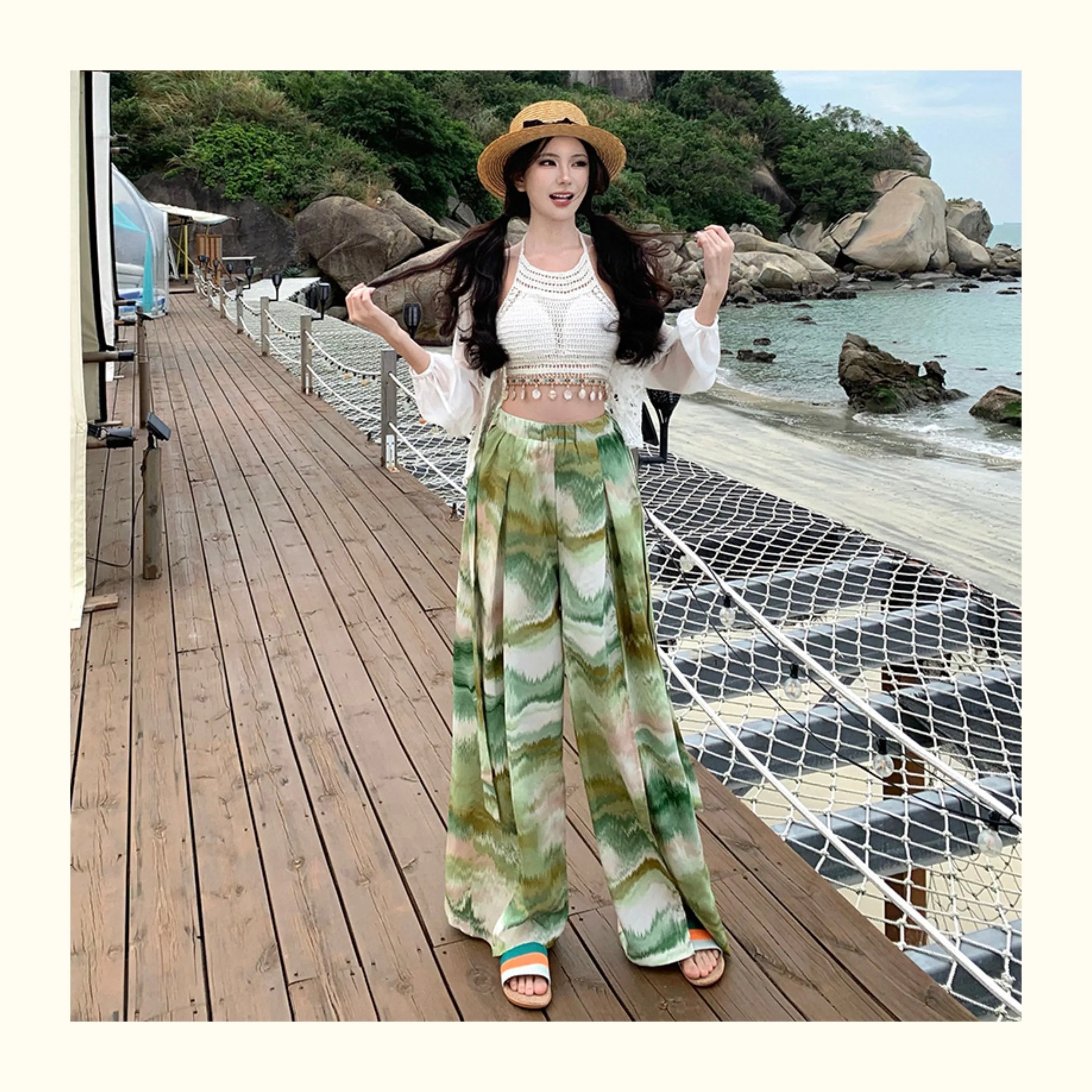 Vacation Style High Waist Wide Leg Pants – Thin Long Ethnic Print Pants for Beach & Holiday Wear