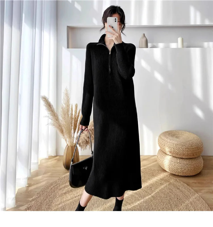 Autumn Winter High Collar Knitted Dress for Women – Loose Fit Long Sleeve Straight Tube Casual Warm Outfit