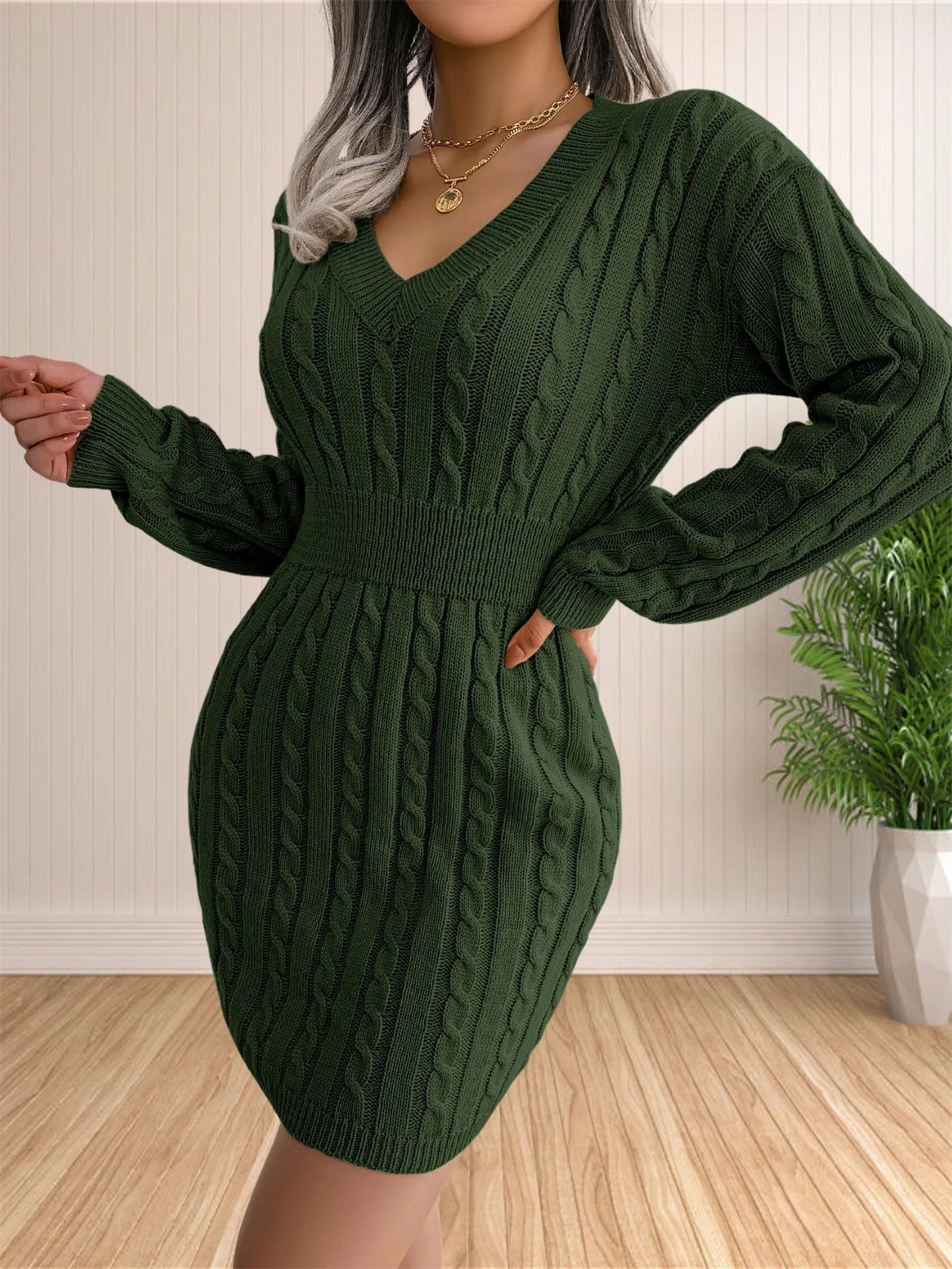 Women’s Sweater Dress – V-Neck Knitted Sheath Dress for Cocktail & Casual Wear