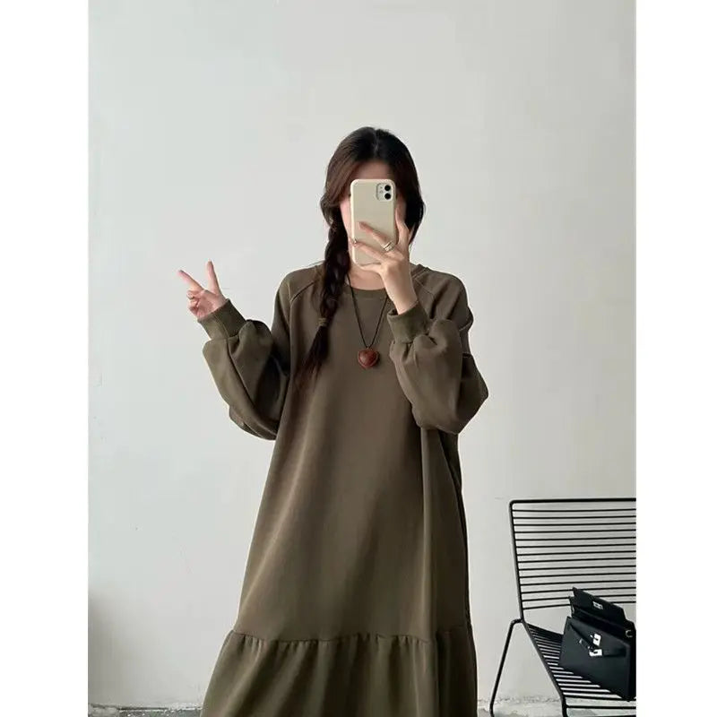 Plus Size Casual Long Sleeve Dress for Women | Loose Fit Patchwork Autumn Dress | Tummy Covering Comfortable Long Dress
