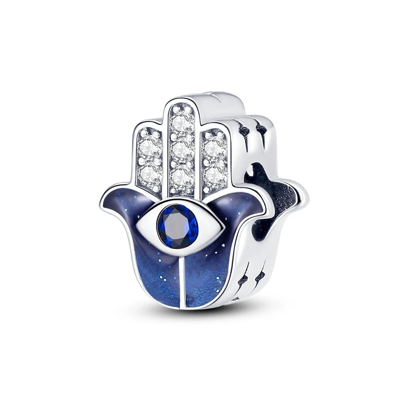 Blue 925 Sterling Silver Rotating Evil Eye Palm Moon Starry Sky Charms | Fit Original Bracelet Pendant Women Jewelry