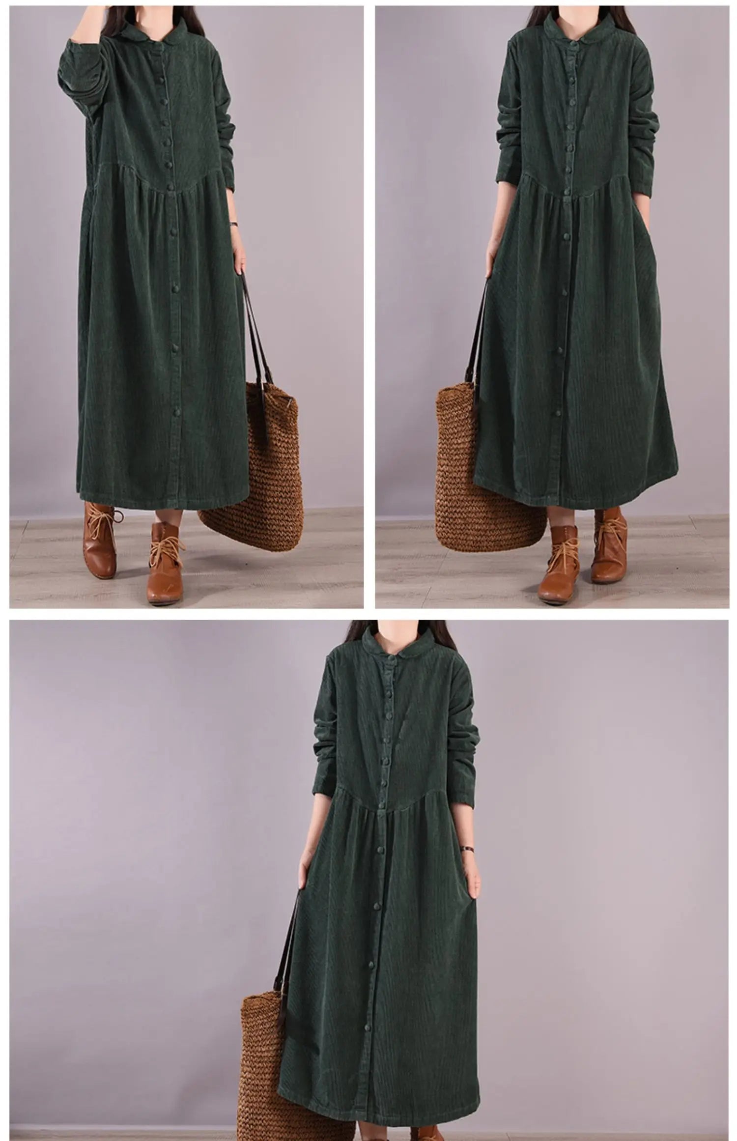 Retro Japanese Style Long Sleeve Corduroy Dress – Thick Fleece-Lined A-Line Winter Dress for Women | Solid Color
