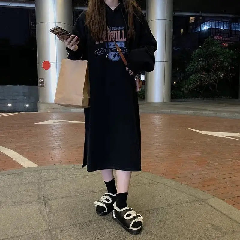 Winter Thiened Fleece Sweatshirt Dress – Printed Midi Skirt Hoodie Dress, Lazy Long Sleeve Outerwear for Young Women