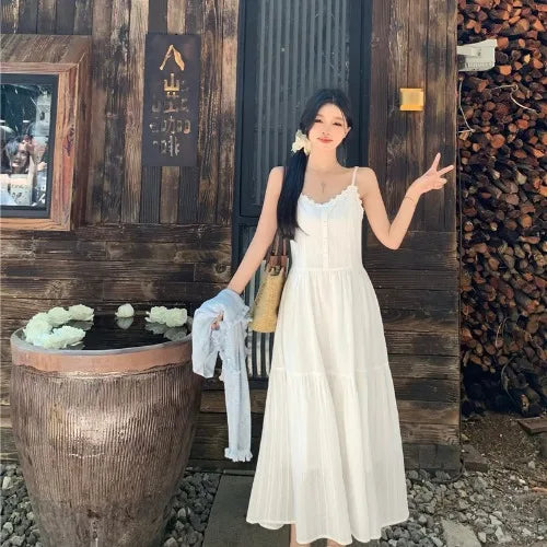 Summer 2025 Women’s Pure Cotton White Strap Dress with Long Sleeve Ice Silk Knitted Sun Protection Cardigan Set – Elegant Fashion