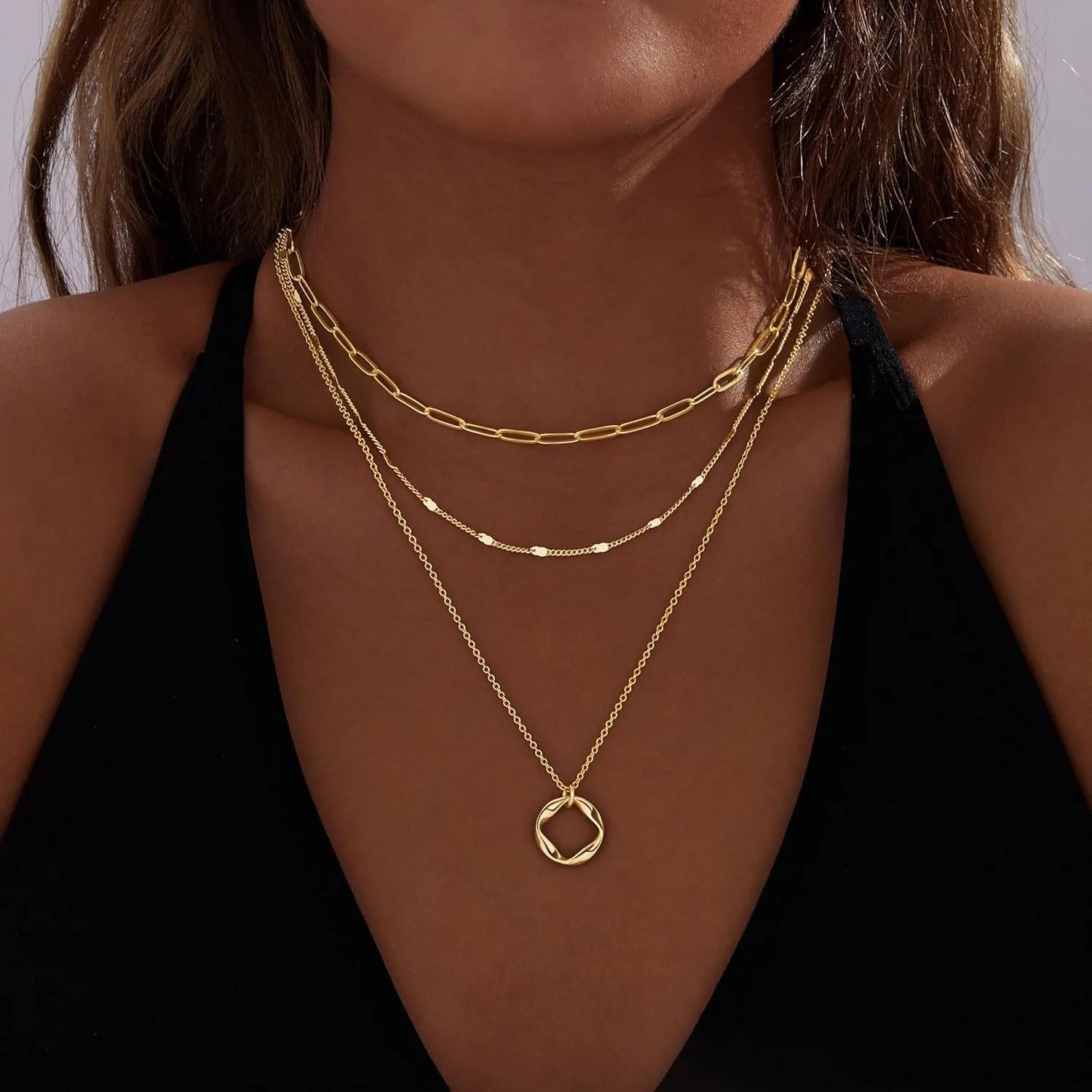 Layered Gold Necklaces for Women 14K Paperclip Chain Pendant Choker Set